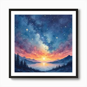 Watercolor Painting Of A Cosmic Landscape With Stars 1 Art Print