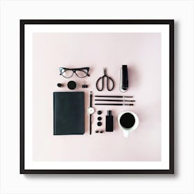 Black Office Supplies On Pink Background Art Print