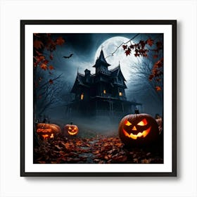 A Fiercely Blazing Haunted House Banner Devilishly Shadowed And Skittish Across The Eerie Pattern O Art Print