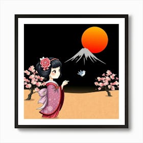 Geisha Girl Dark Color Illustration Art Print