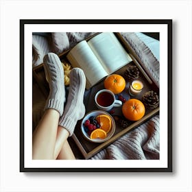 Young Woman In Bed With Book And Oranges Art Print