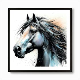 Horse Head Drawing With Some Color Accents 1 Art Print