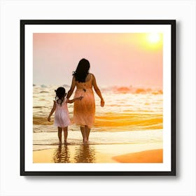 Mother And Daughter Walking On The Beach Art Print