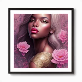 Beautiful Black Woman With Pink Roses Art Print