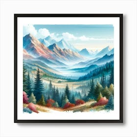 Watercolor Of A Mountain Landscape Art Print