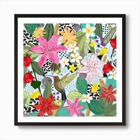 Tropical Pattern With Humming Bird, Strawberry And Colorful Lily Floral Pattern Square Art Print