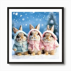 Three Rabbits In Winter Clothes Art Print