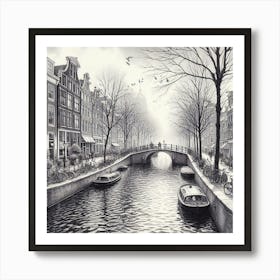 A Serene Amsterdam Canal Scene Captured In A Realistic Pen And Ink Drawing, Style Realism Art Print