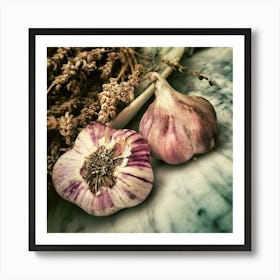 Two Garlics On A Marble Table Art Print