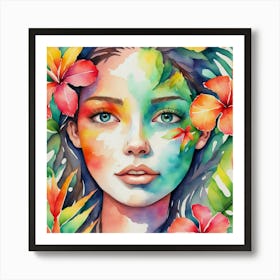 Watercolor Of A Woman With Flowers 6 Art Print