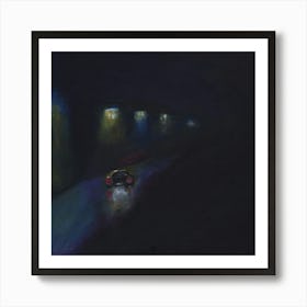 Late Night Drive - car road dark impressionism light street square black bedroom Art Print