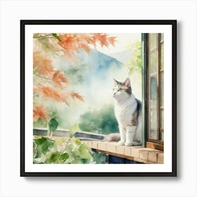 Cat Sitting On Window Sill Art Print