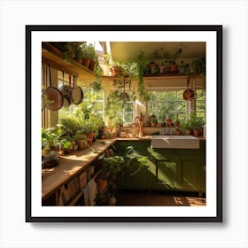 Green Kitchen With Potted Plants Art Print