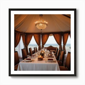 An Elegant Luxurious Tent Interior Features A Dining Table Set For A Meal With Curtains And Fireplace Creating A Cozy Atmosphere 3 Poster