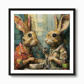 Rabbits Brushing Teeth Art Print