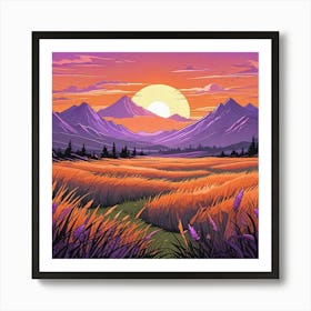 Summer Landscape Sunset In The Desert Cartoon Style Sunset Landscape With Grass Field And Trees (3) Art Print