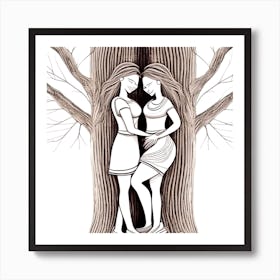 Two Women Hugging A Tree Art Print