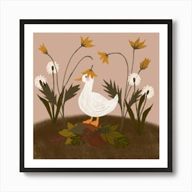 Silly Duck with Flowers Art Print