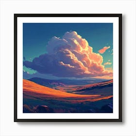 Landscape Of A Simple Cloud In Dark Blue And Black Sky And Rolling Hills Art Print