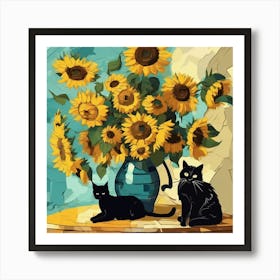 van gogh Sunflowers And Cats Art Print