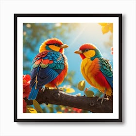 Colorful Birds Perched On A Branch Art Print