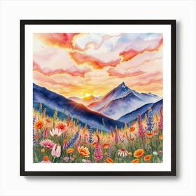 Watercolor Of Mountains And Flowers 3 Art Print