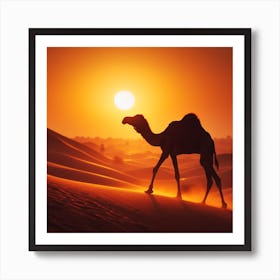 Camel In The Desert At Sunset Art Print