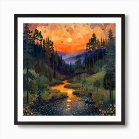 Sunset In The Mountains, Tiny Dots, Pointillism Art Print