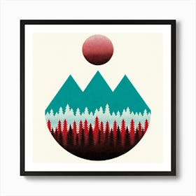 Title: "Crimson Sphere over Teal Summit"  Description: "Crimson Sphere over Teal Summit" is an evocative piece that combines the stark beauty of a rich, crimson sphere hovering above a stylized teal mountain range. The mountains, with their textured appearance, give way to a forest of pine trees, depicted in darker hues, which create a layered visual effect. The image is set against a muted cream background, allowing the bold colors to stand out. This abstract representation blends the boundaries between modern graphic design and elements of nature, crafted to draw the viewer into a world where color and form converge in a dance of digital elegance. It is a perfect representation of artistic contrast and natural symmetry, ideal for an audience that appreciates the intersection of art, nature, and technology. Art Print