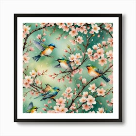 Birds In Cherry Blossoms Art Print