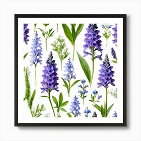 Nature Pattern Isolate White Arrangement Purple Flat Floral Blue Natural Herbal Medicine (11) Art Print