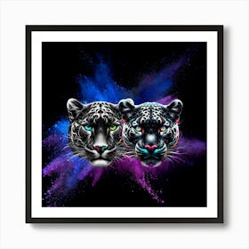 Two Jaguars side by side in neon paint explosion abstract and vivid Poster