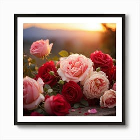 Bouquet Of Mixed Red And Pink Roses Peonies Delicately Woven Into Vines Soft Focus With Scattered (5) Art Print