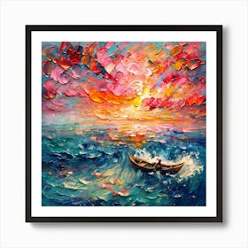 Dreamlike Seascape With Boat Under Blazing, Colorful Sky Art Print