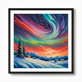 Aurora’s Embrace: Winter’s Twilight in a Painted Dreamscape wall art impressionist style Art Print