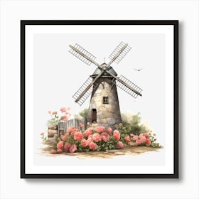 Windmill With Roses Art Print