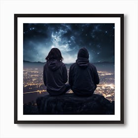 Couple Looking At The City At Night Art Print