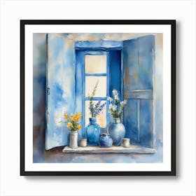 Blue wall. Open window. From inside an old-style room. Silver in the middle. There are several small pottery jars next to the window. There are flowers in the jars Spring oil colors. Wall painting.55 Art Print