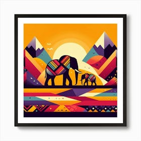 Crossing Elephants In The Mountains Art Print