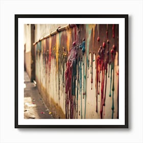 A colorful, abstract image of paint dripping down a brick wall. Art Print