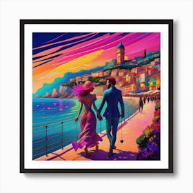 Couple Walking By The Sea Art Print