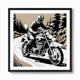 Motorcycle Rider In The Forest, black and white monochromatic art Art Print