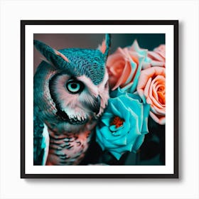 owl with dolphin colors, Chameleon roses Art Print