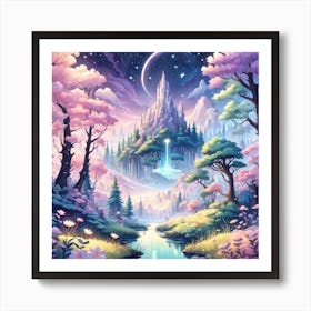 A Fantasy Forest With Twinkling Stars In Pastel Tone Square Composition 187 Art Print