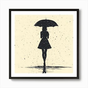 Girl With Umbrella In Rain Art Print