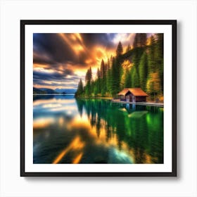 Lake House At Sunset Art Print