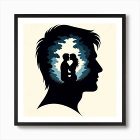 Title: "Whispers of the Heart"  Description: "Whispers of the Heart" presents a striking visual narrative where a man's profile silhouette reveals an intimate moment of a couple about to kiss. This silhouette art, merging with a celestial backdrop, captures the essence of romantic connection. The serene color palette of night blues and soft cream is ideal for decor that celebrates love, making it a must-have for collectors and romantics alike. Art Print