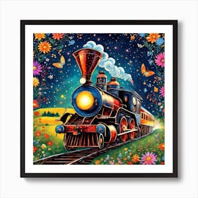 Folk Art Night Train  Art Print