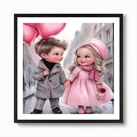 Boy And Girl Holding Balloons Art Print