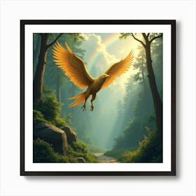 A Golden Griffin Flying Over A Lush, Enchanted Forest Under A Rainbow 1 Art Print